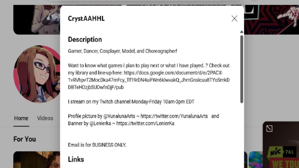 Find the YouTuber's contact information in the Description page.